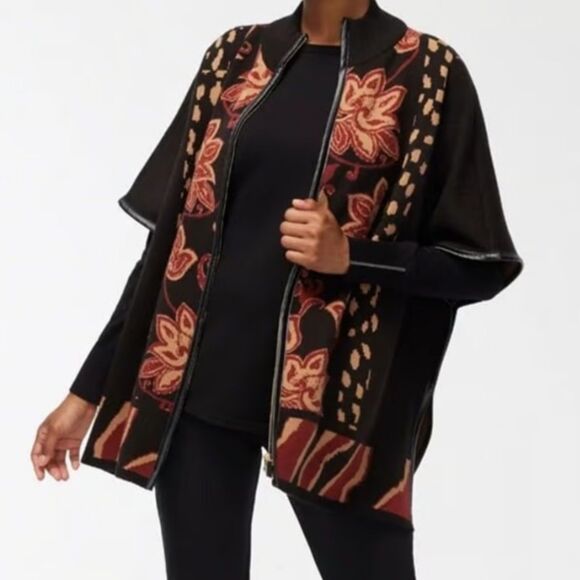 Chico’s Ruana Front Zip Sweater Knit Poncho Cape Cardigan Black Fall Floral S M - Picture 2 of 16